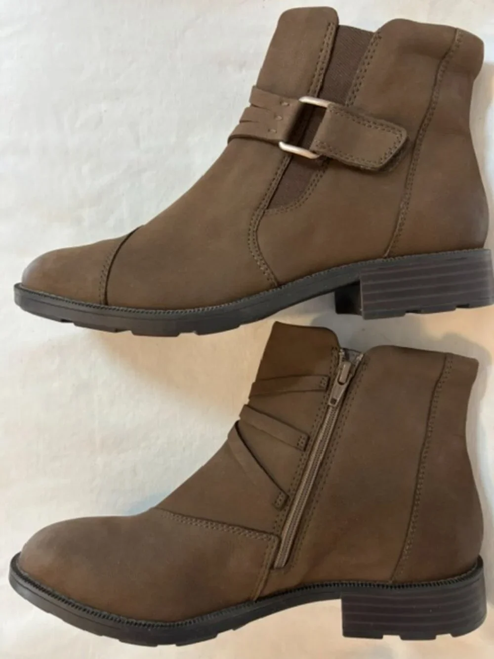 Clarks Women's Adalynn Faye Ankle Boots w/Buckle & Strap in Mushroom Size 10W